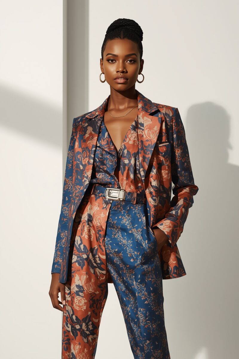 Woman wearing a coordinated blue and rust floral print blazer, trousers, and blouse with a gold belt
