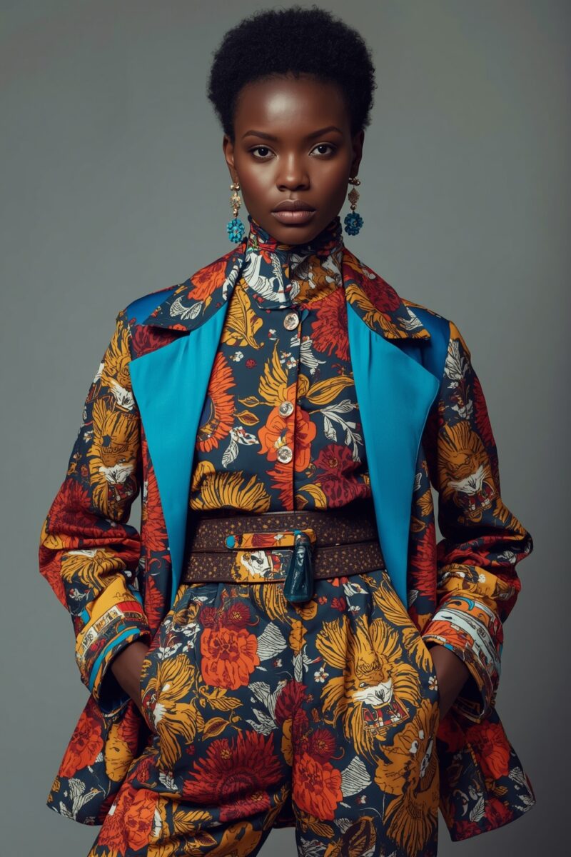Woman in bold floral print matching blazer and pants with teal lapels and decorative earrings