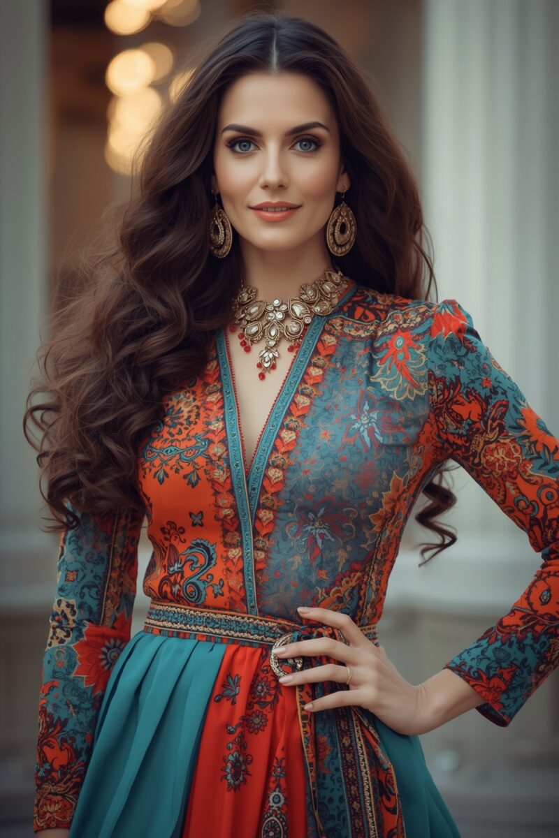 Woman in vibrant orange and teal floral ethnic dress with gold jewelry and long wavy brown hair
