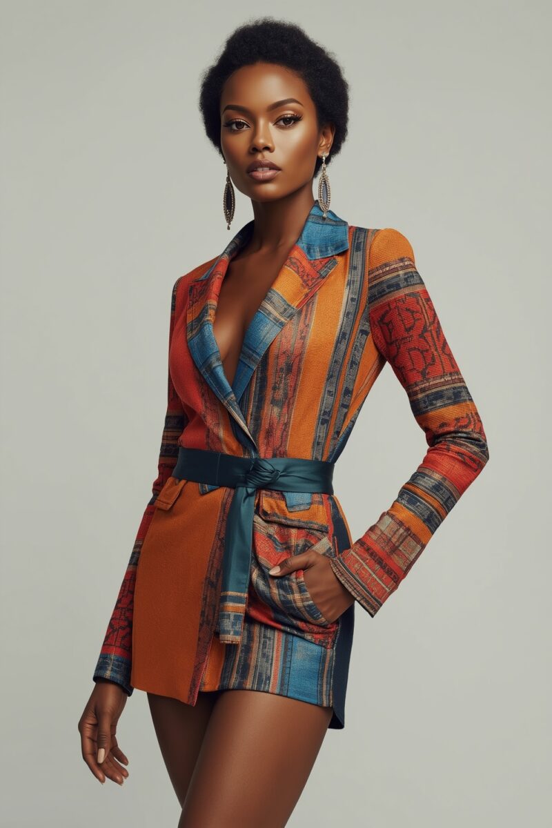 Female model wearing a colorful striped African-inspired blazer dress with teal belt and gold drop earrings