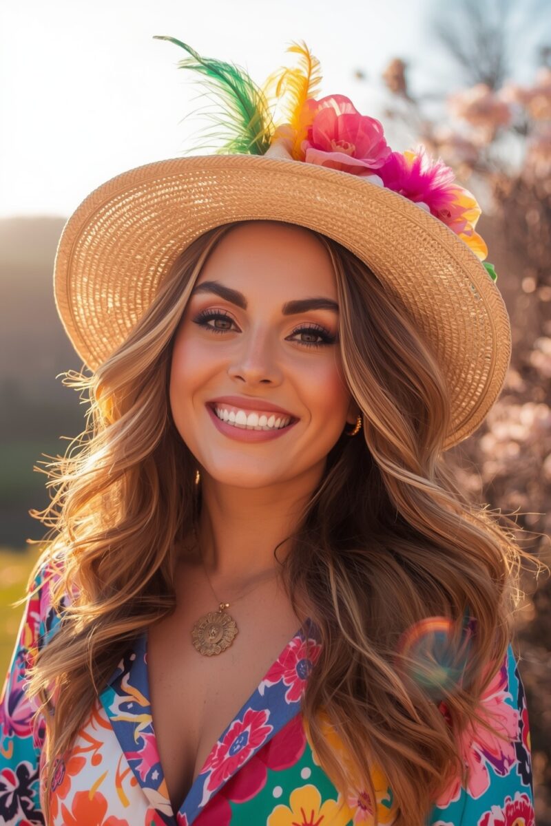 Smiling woman wearing a straw hat decorated with colorful flowers and feathers, in a vibrant floral outfit outdoors