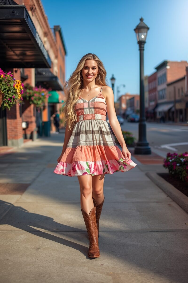 Smiling blonde woman in tiered floral mini dress and brown cowboy boots walking on a sunny small-town sidewalk