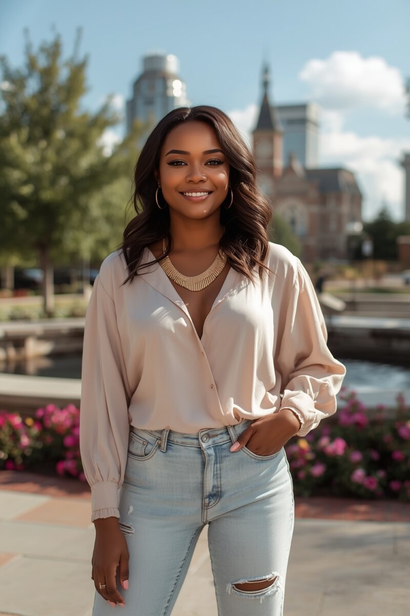 Smiling young woman in beige blouse and ripped light-wash jeans poses outdoors in urban park setting