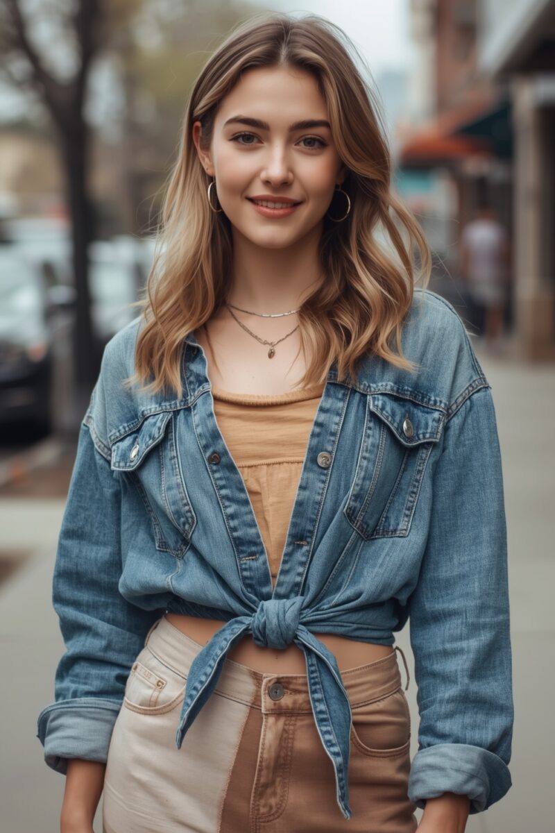 Young woman smiling on a city sidewalk wearing a tied denim jacket, tan crop top, and beige jeans
