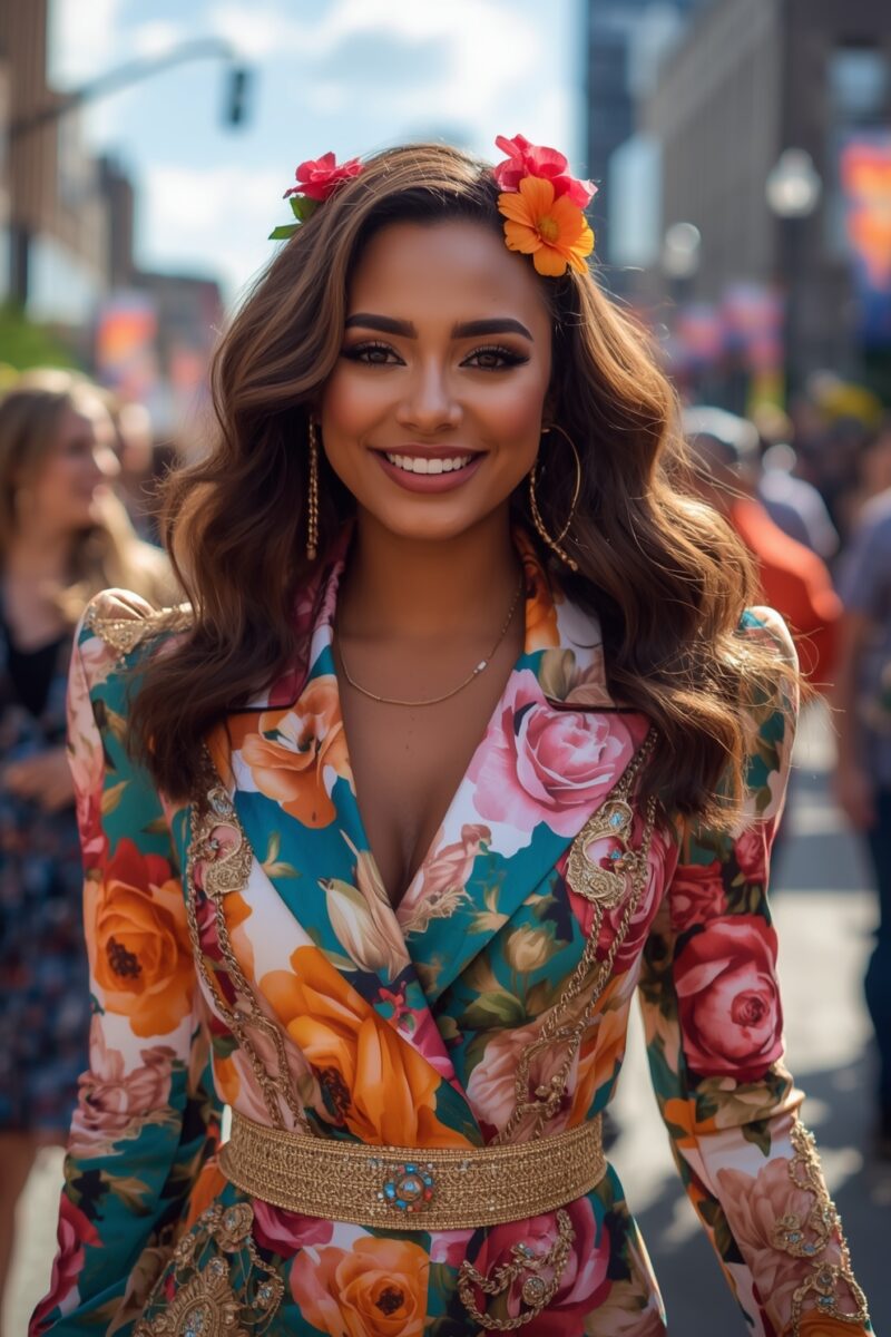 Smiling woman in vibrant floral blazer dress with flowers in hair at outdoor street event