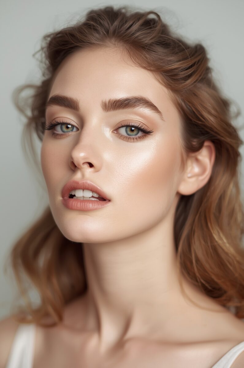Young woman with blue-green eyes, defined brows, winged eyeliner, and nude lips in a beauty portrait