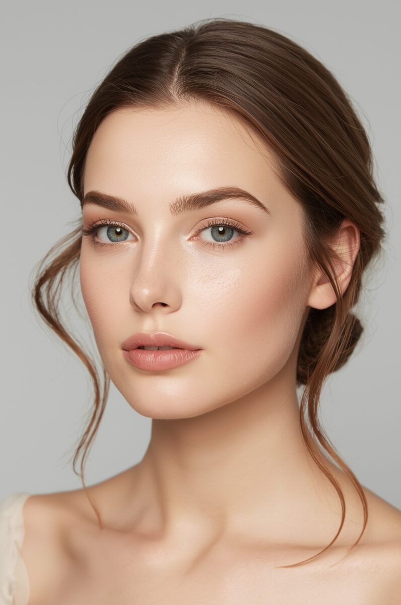 Young woman with blue-gray eyes, brown updo hair, and natural makeup against a gray background