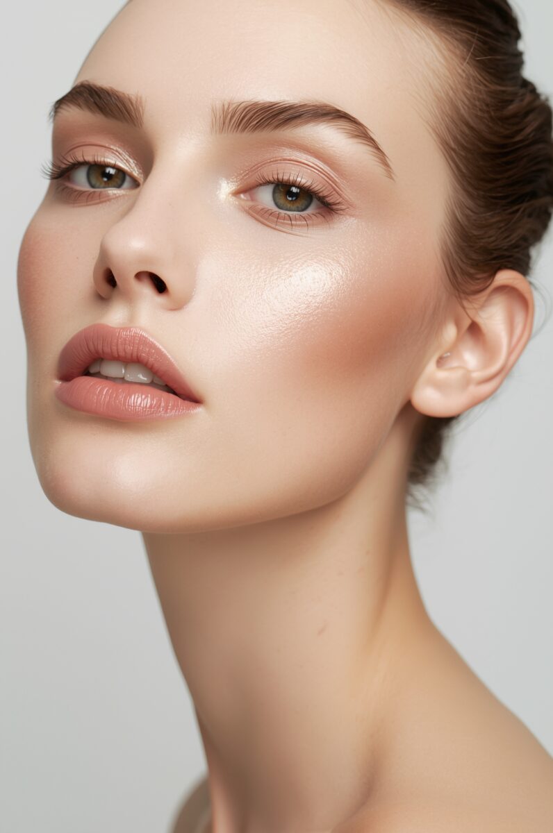 Close-up portrait of a young woman with glowing skin, nude pink lips, hazel eyes, and natural makeup look