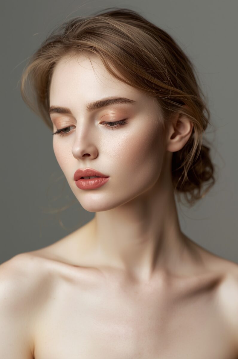 Young woman with upswept brown hair, coral lip color, and warm eyeshadow, eyes closed, against gray background