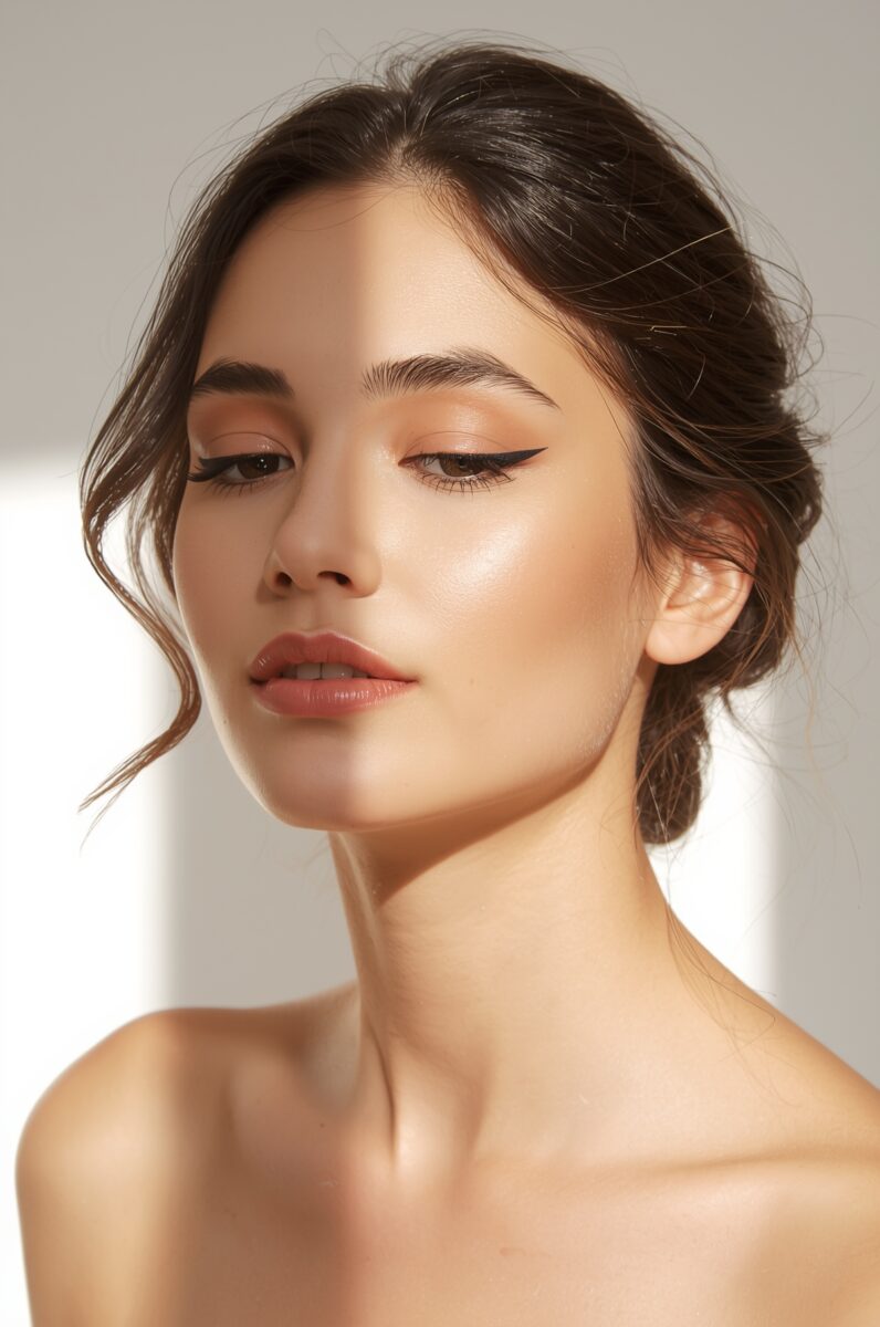 Young woman with dark updo hair, winged eyeliner, and glowing skin against a white background