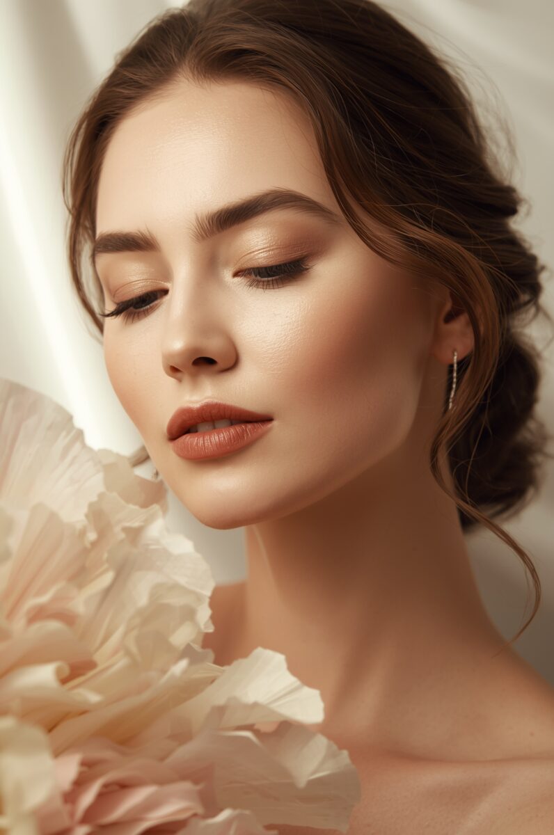 Woman with elegant bridal makeup, closed eyes, brown updo hairstyle, and peach ruffled dress