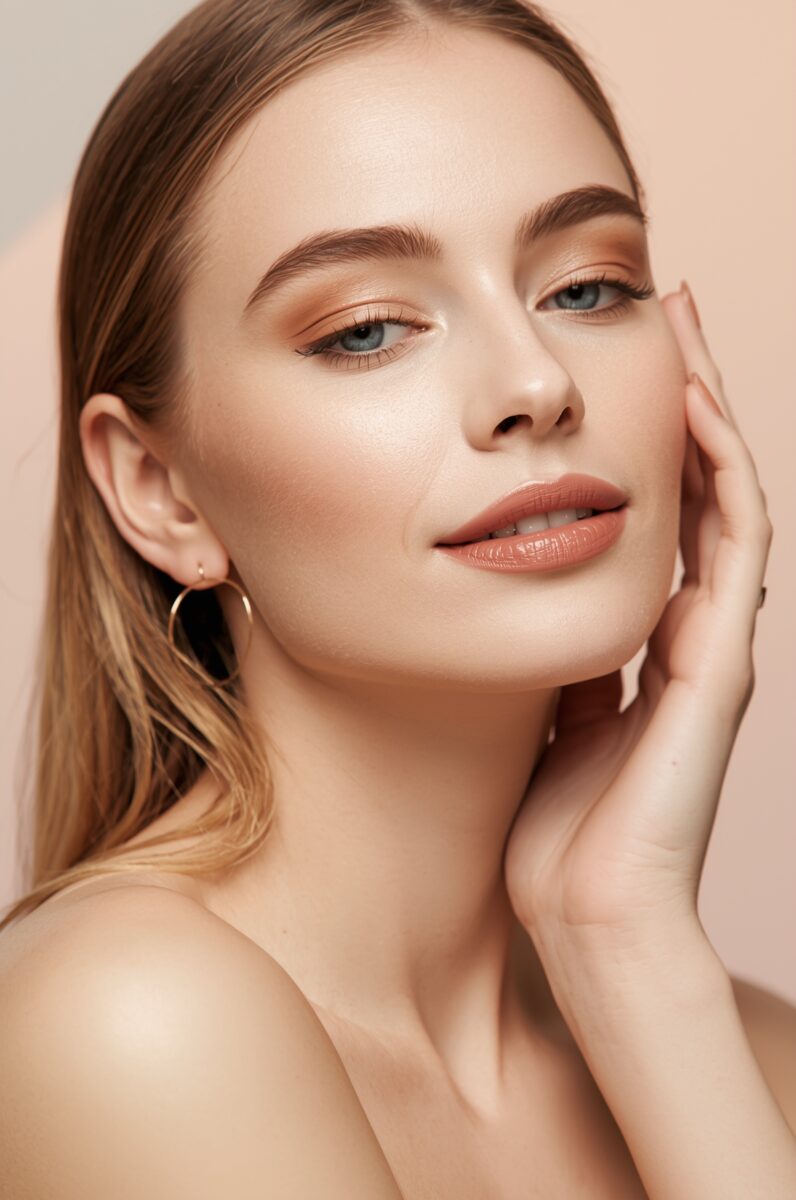 Young woman with natural glam makeup, blue eyes, hoop earring, touching her face against beige background