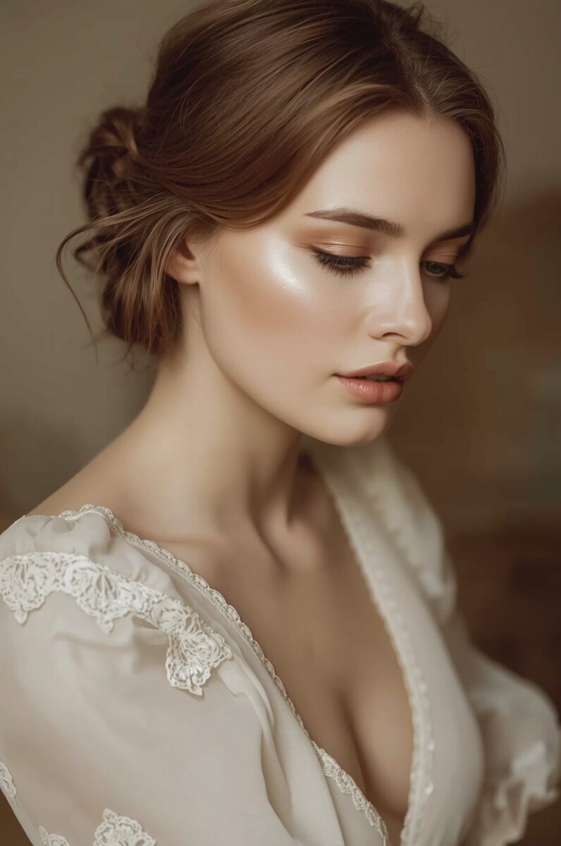 Young woman with elegant updo hairstyle, glowing makeup, and white lace dress looking downward gracefully