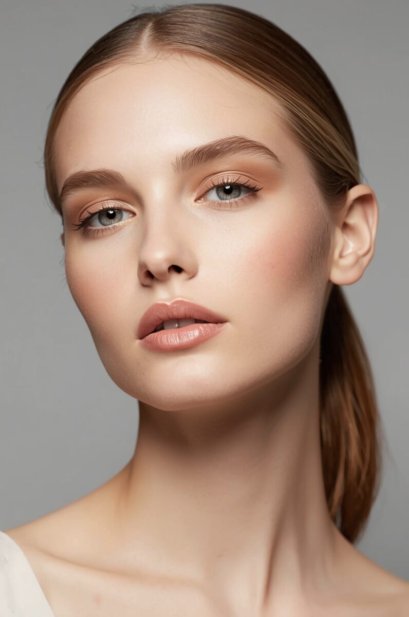Young woman with blue-gray eyes and natural makeup, brown hair pulled back, against a gray background