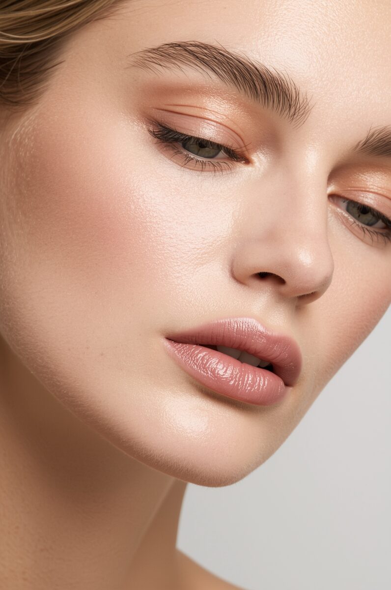Close-up of a woman with glowing skin, soft pink lips, winged eyeliner, and natural bronze eye makeup