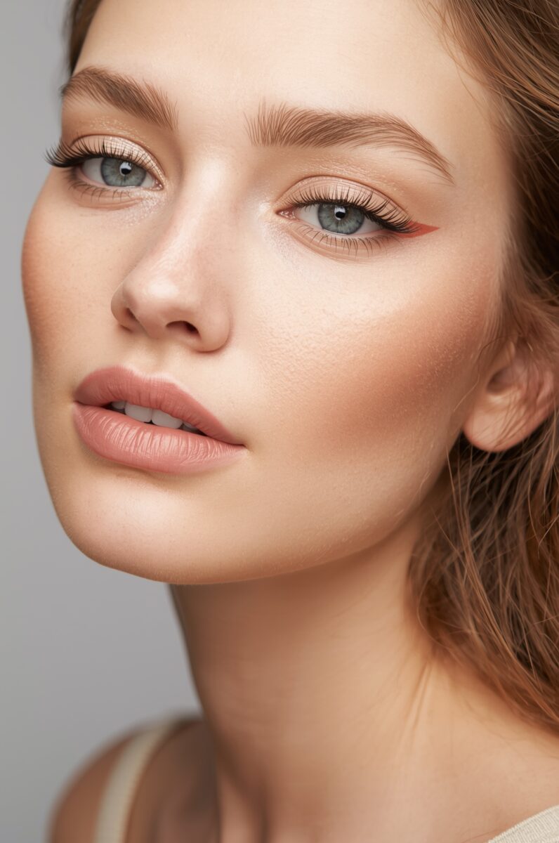 Close-up beauty portrait of woman with blue-green eyes, defined brows, cat-eye liner, glowing skin, and nude lips