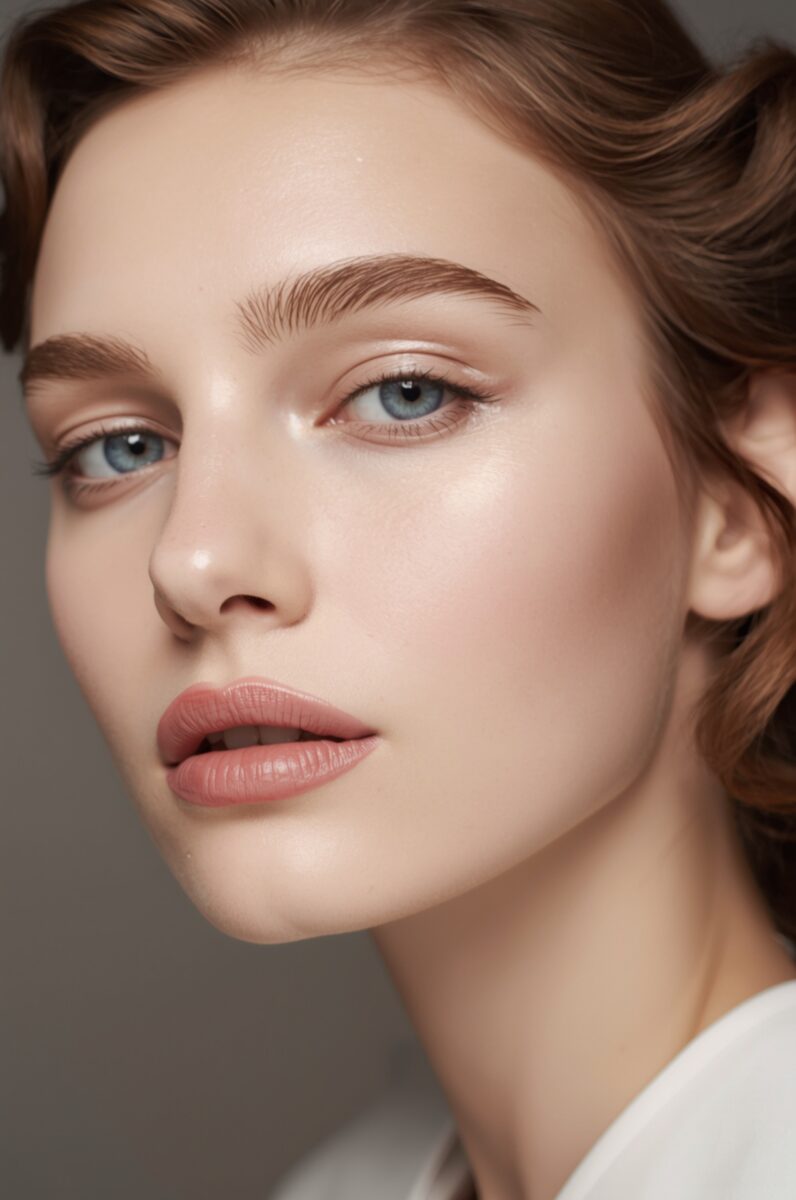 Close-up portrait of a woman with blue eyes, auburn hair, natural makeup, and glowing skin against a grey background