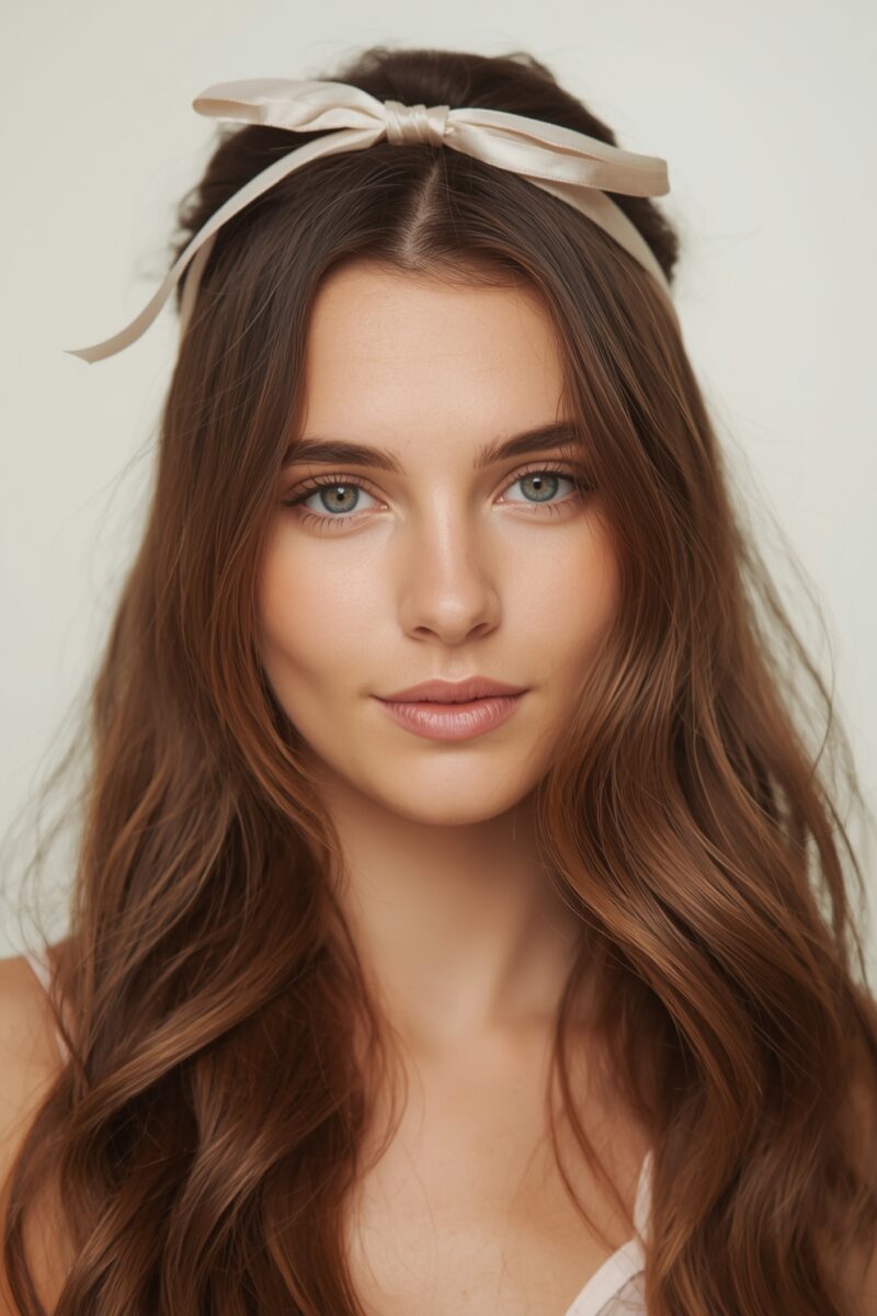 Young woman with long brown wavy hair wearing a satin cream bow headband against a white background