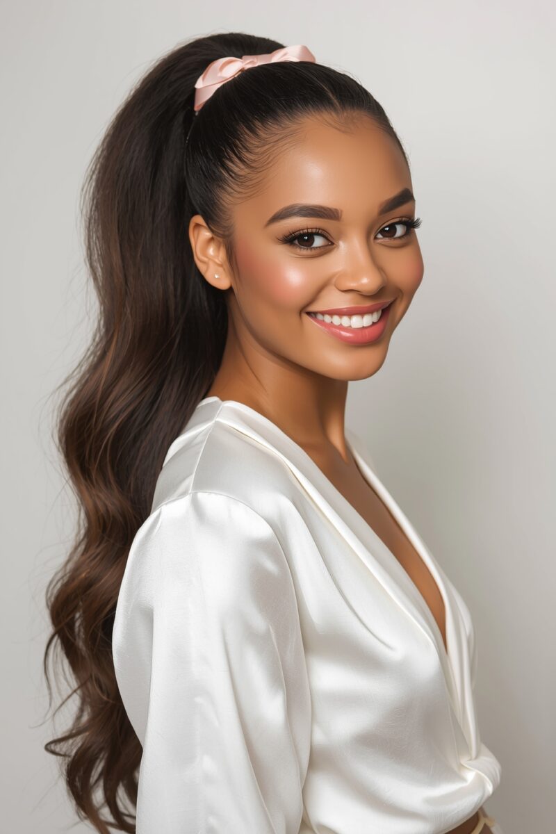 Young woman with long dark ponytail and pink bow smiling in white satin top against light background