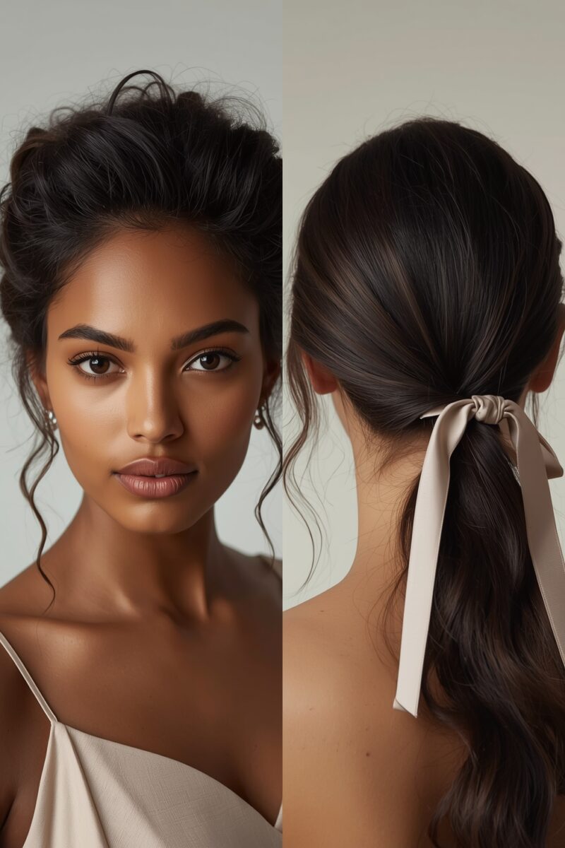 Split image showing elegant updo hairstyle front view and low ponytail with satin ribbon bow back view on dark-haired women