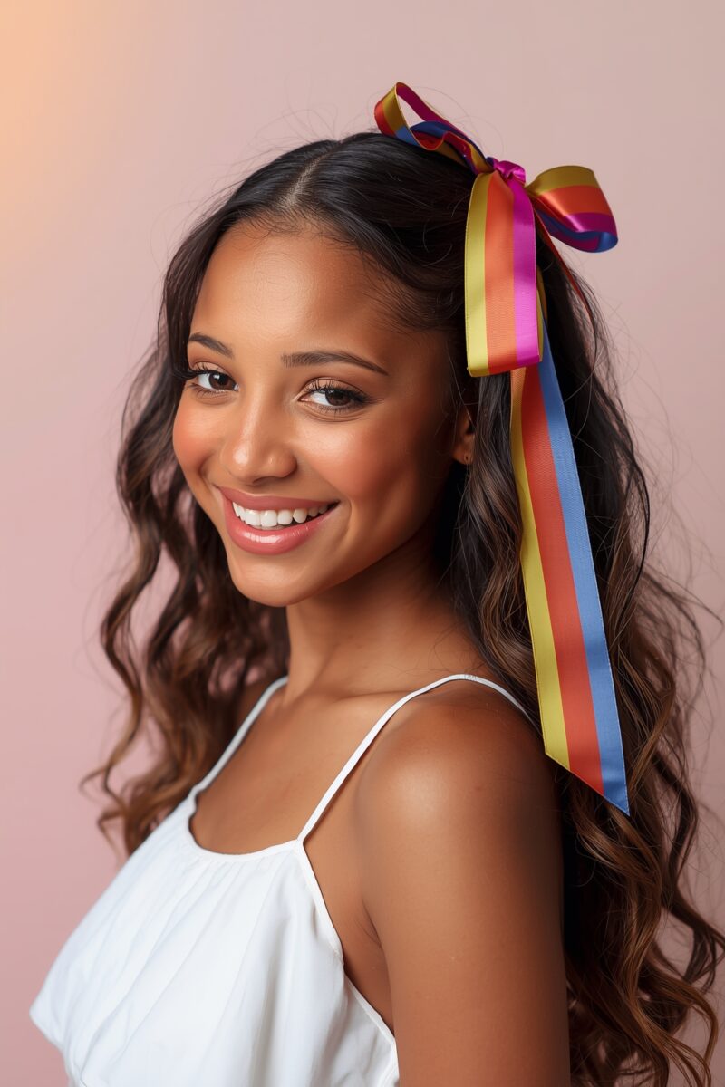 Young woman with long wavy dark hair wearing a colorful multicolor ribbon bow hair accessory and white sundress