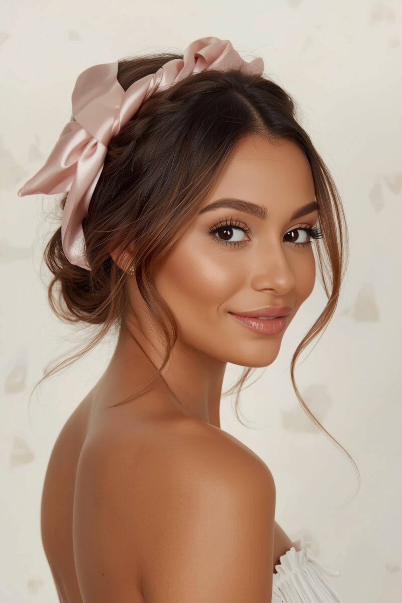 Young woman with elegant updo hairstyle adorned with a large pink satin bow, wearing a strapless white top