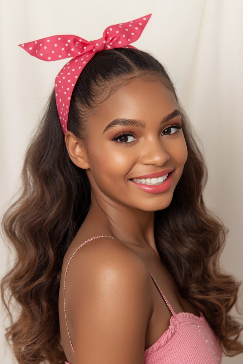 Young woman smiling with long wavy hair, wearing a pink polka dot bow headband and pink top