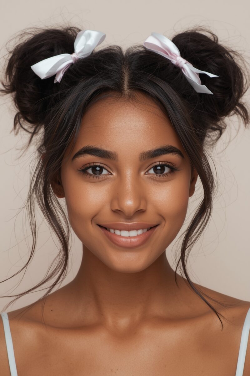 Young woman with dark hair in double buns adorned with white satin bows, smiling warmly against beige background