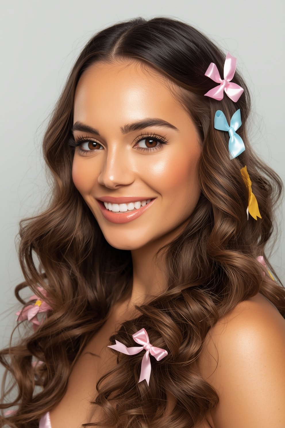 Young woman with long wavy brown hair styled with colorful pink, blue, and yellow satin bows, smiling