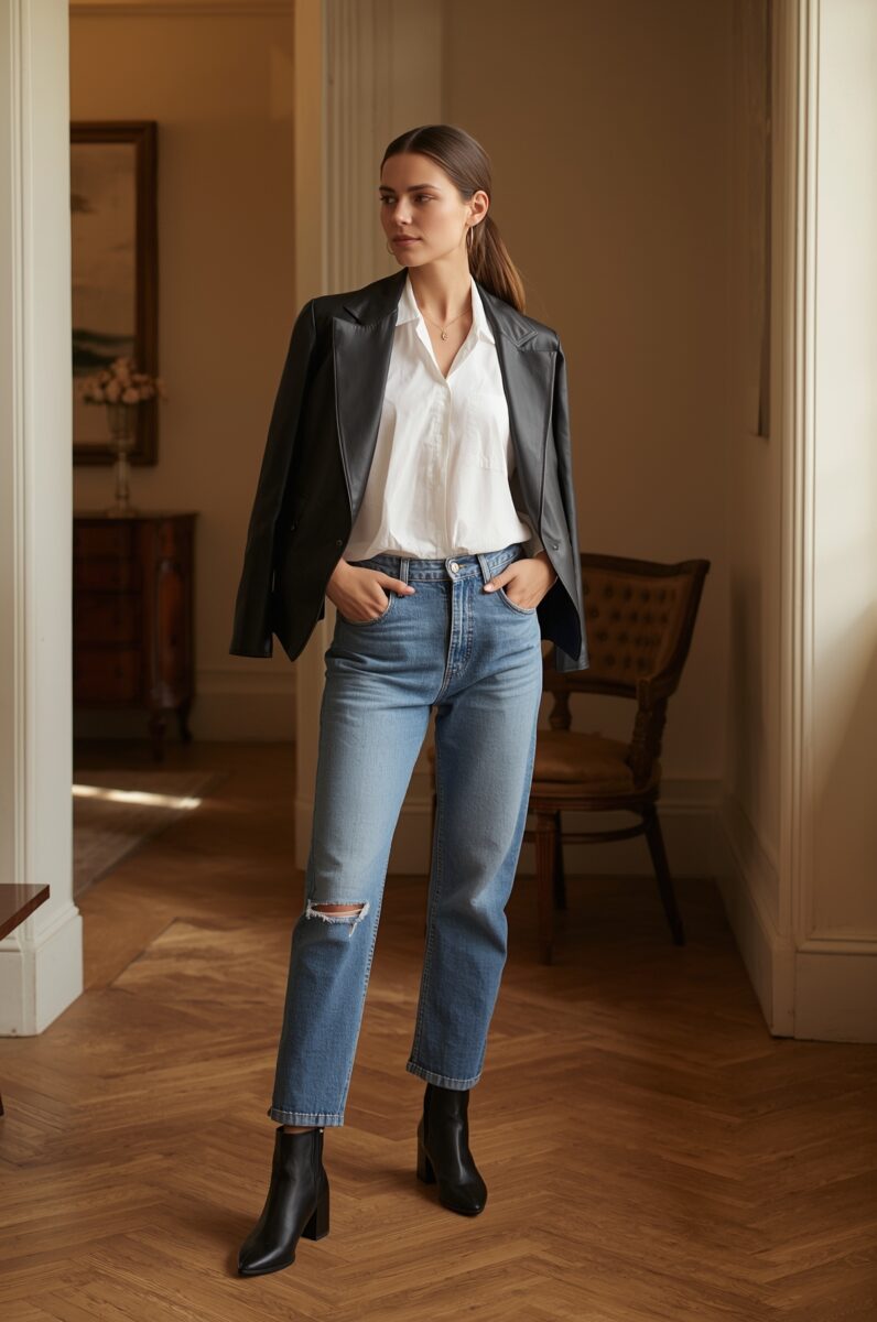 Woman wearing black leather blazer, white silk blouse, light blue ripped jeans, and black ankle boots
