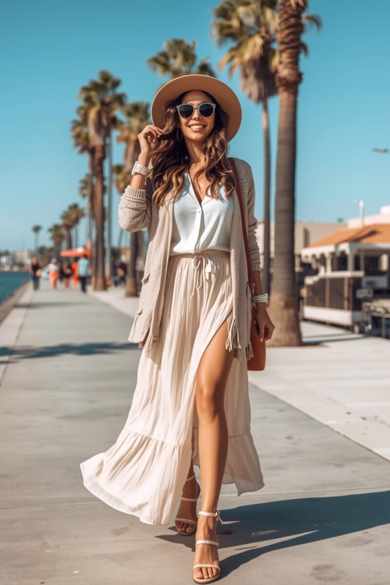 Woman in beige maxi skirt, white blouse, cardigan, wide-brim hat, and sunglasses walking along a sunny palm tree-lined boardwalk