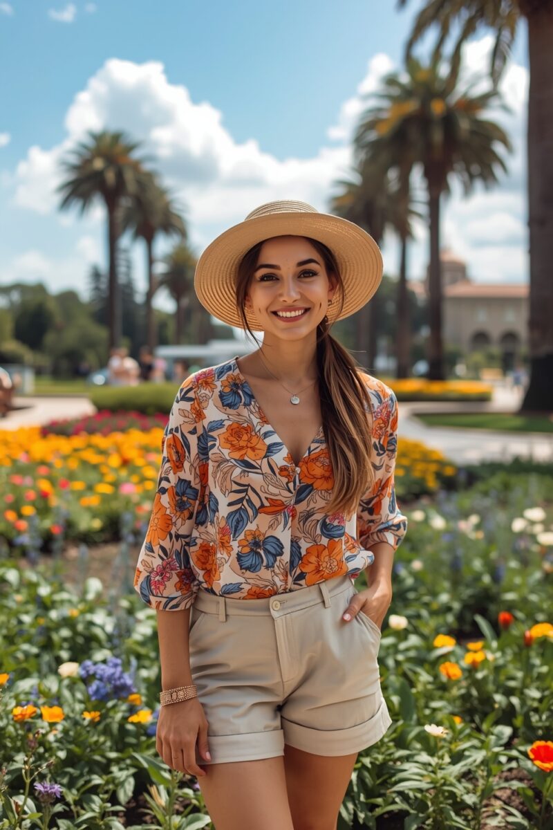 Smiling woman in floral blouse, beige shorts, and straw hat standing in a colorful flower garden with palm trees