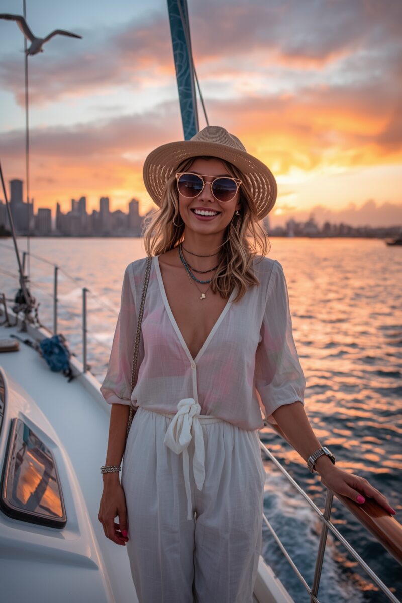 Smiling blonde woman in straw hat and sunglasses standing on a sailboat deck at sunset with city skyline