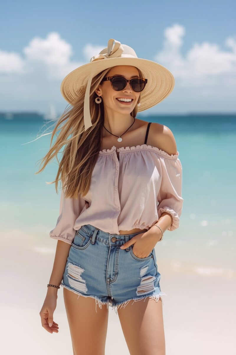 Smiling woman in wide-brim straw hat, off-shoulder pink top, and ripped denim shorts on a tropical beach
