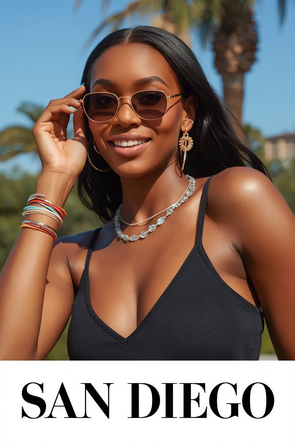 Smiling woman in black top and gold sunglasses with layered necklaces and bracelets against San Diego palm trees