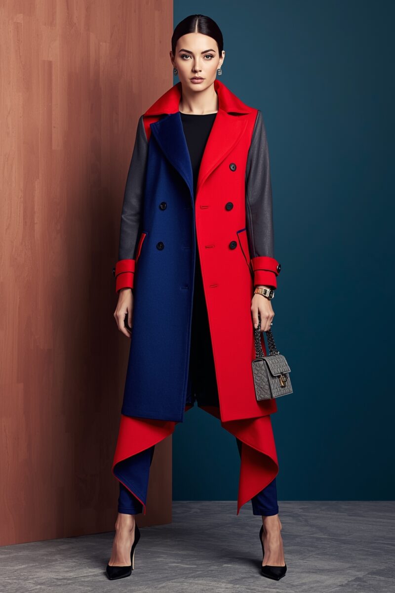 Female model wearing color-block double-breasted coat in red, blue, and gray with black heels and small gray handbag