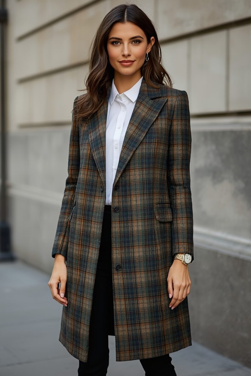 Woman wearing a brown and navy plaid wool coat over a white button-up shirt with black trousers and a gold watch
