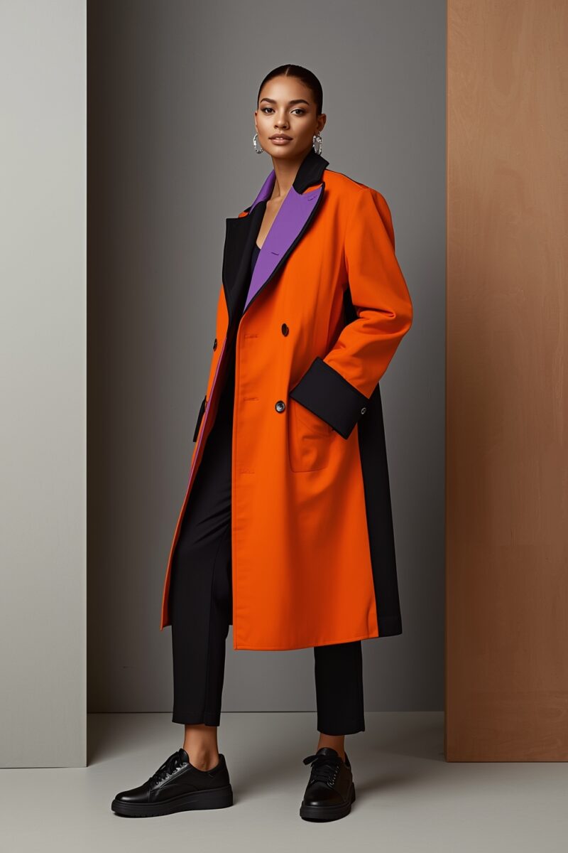 Woman wearing bold orange and black double-breasted oversized coat with purple top and black trousers
