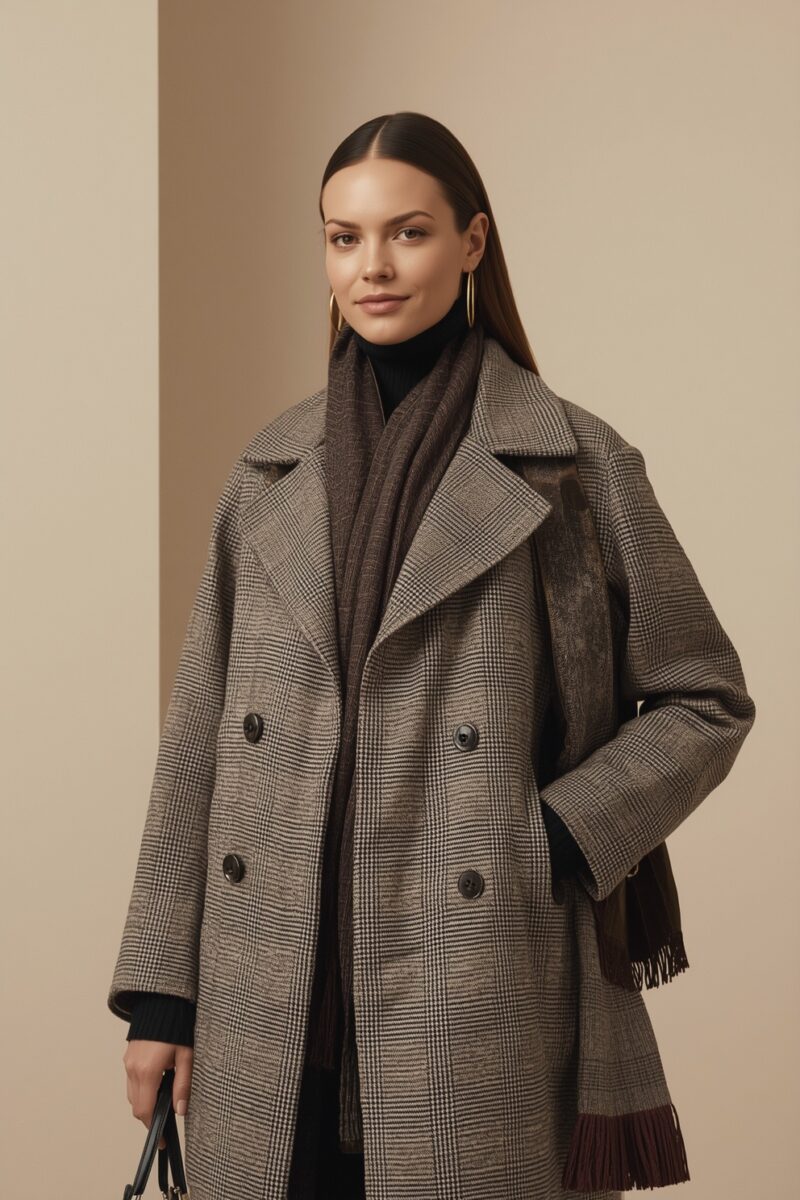 Woman wearing a grey glen plaid double-breasted wool coat with brown scarf and black turtleneck