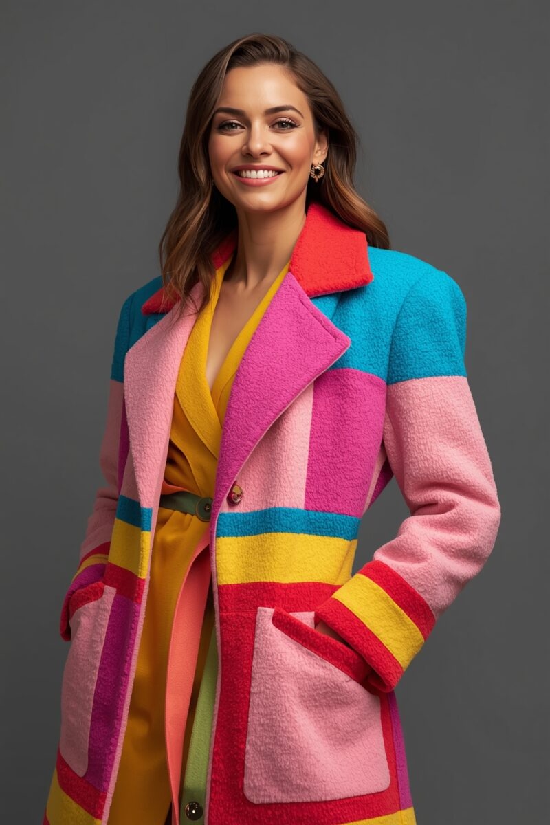 Smiling woman wearing a vibrant multicolor color-block wool coat with pink, teal, red, and yellow panels