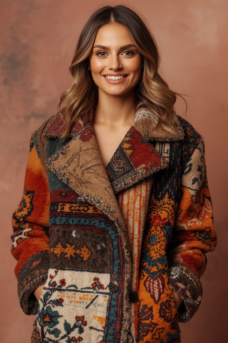 Smiling woman wearing a colorful boho patchwork coat with ethnic floral patterns in orange, red, teal, and brown tones
