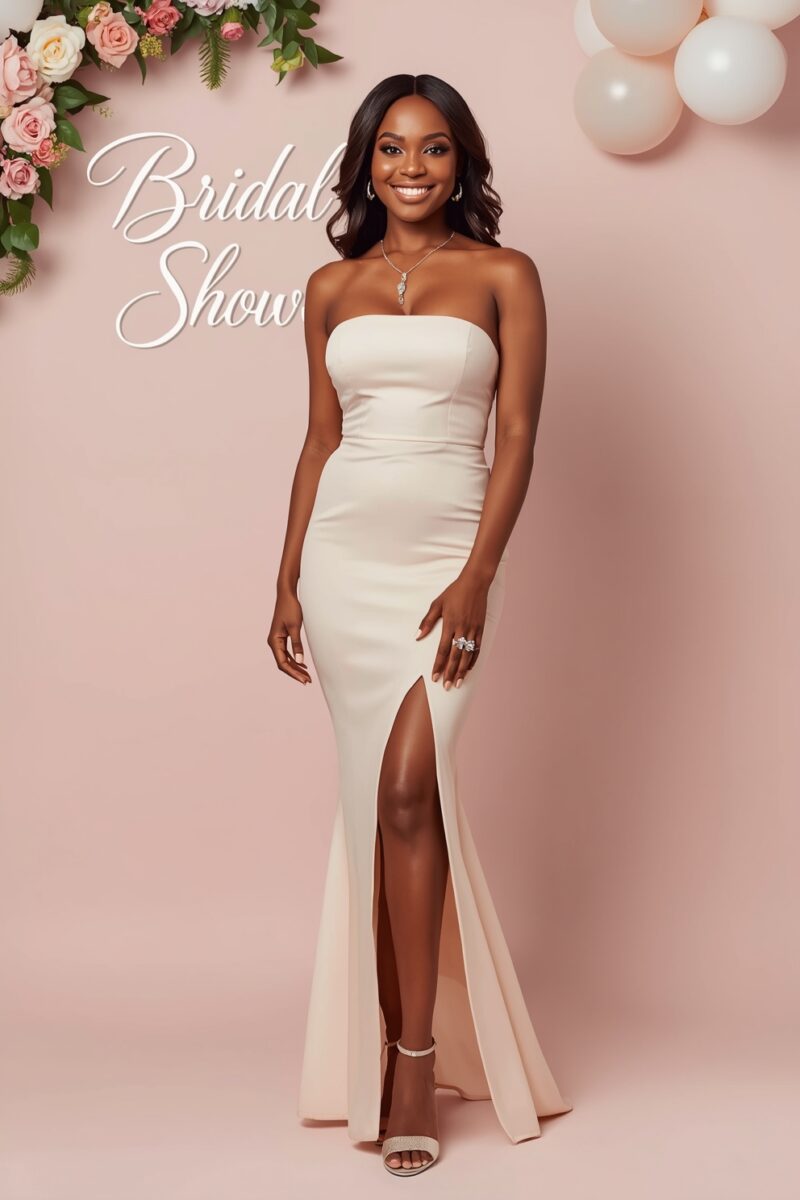 Woman in strapless cream mermaid gown with thigh slit at a Bridal Show event with floral backdrop