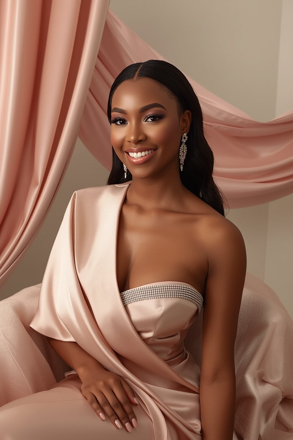 Elegant woman in blush pink satin gown with rhinestone belt and chandelier earrings, seated against pink draping