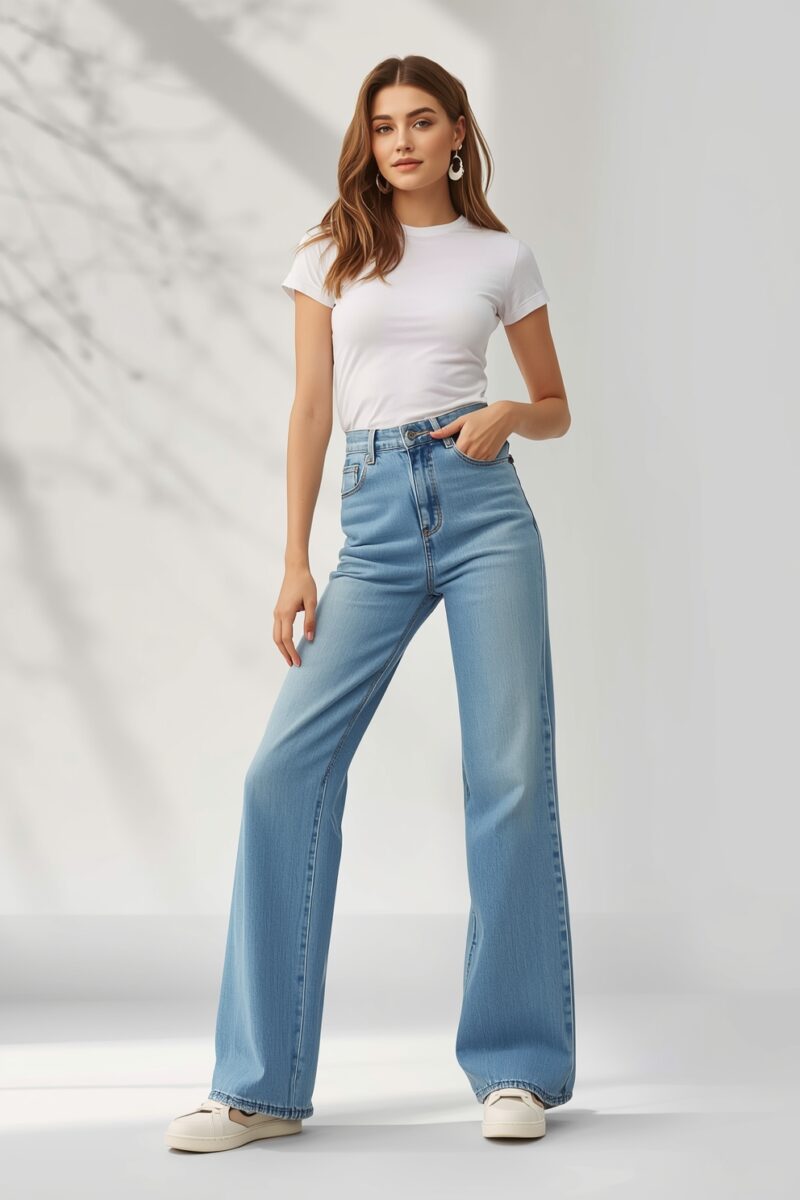 Woman wearing white fitted t-shirt, light blue high-waist wide-leg jeans, and white sneakers