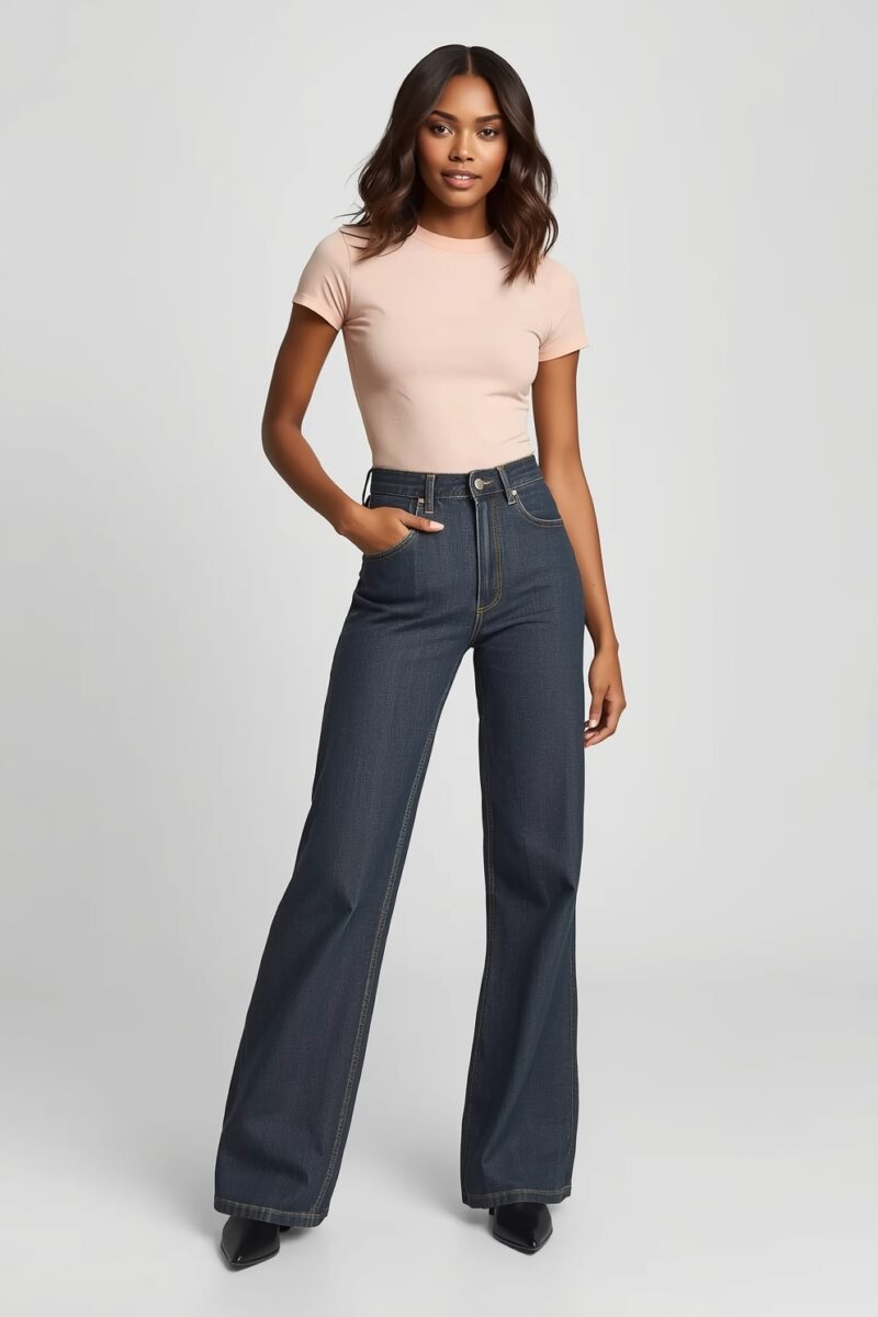 Woman wearing a light pink fitted t-shirt with dark navy high-waist wide-leg flare jeans and black pointed-toe heels