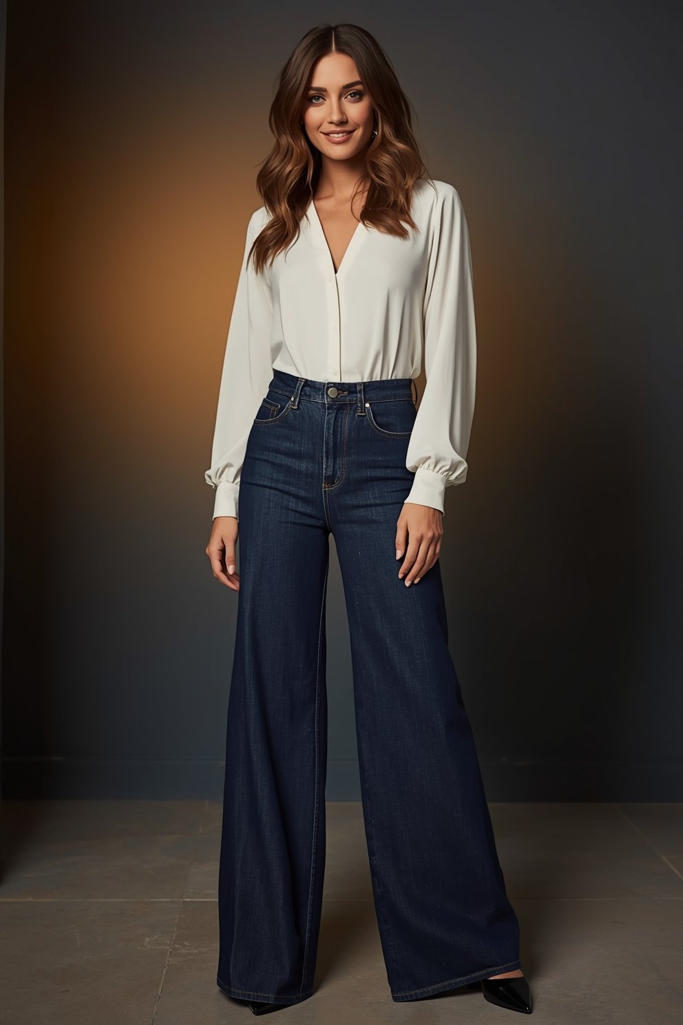 Woman wearing white V-neck blouse with dark navy wide-leg high-waist jeans and black heels