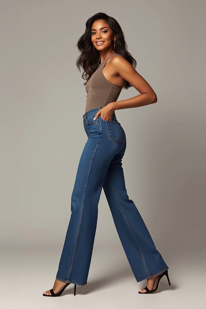 Woman wearing high-waisted blue wide-leg jeans, taupe tank top, and black stiletto heels on grey background