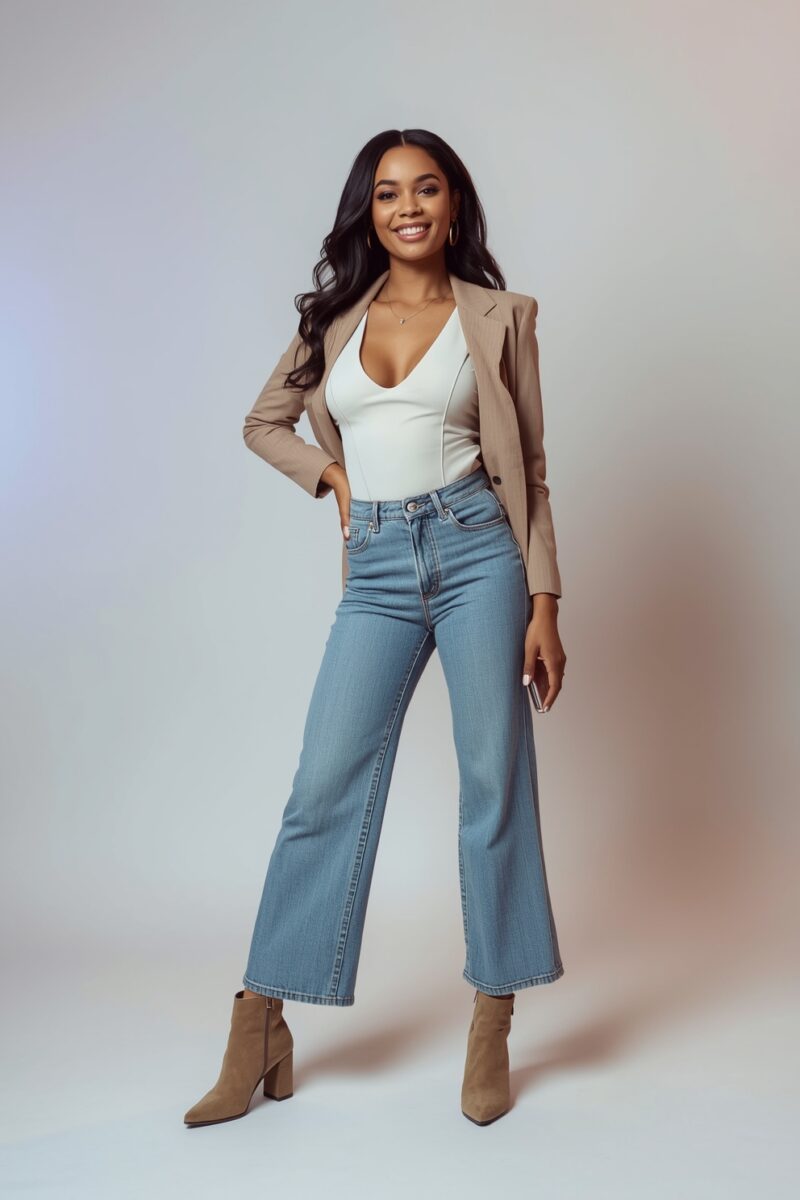 Young woman in beige blazer, white bodysuit, wide-leg jeans, and tan ankle boots posing confidently