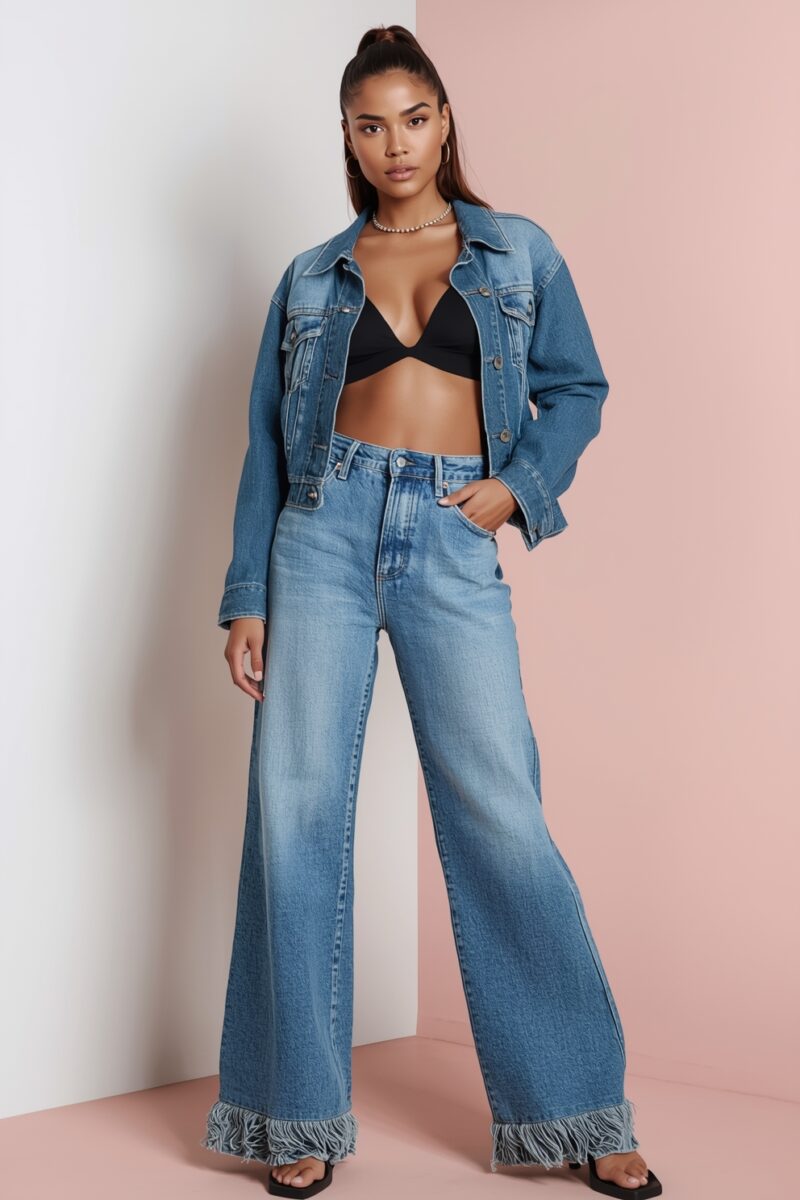Woman wearing blue denim jacket, black bralette, and wide-leg fringe-hem jeans with black sandals