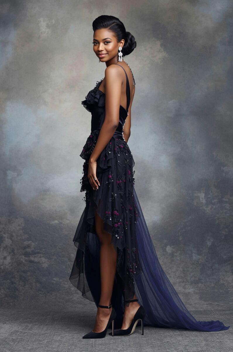 Woman in elegant navy blue backless gown with floral embroidery, ruffles, and train, wearing crystal earrings